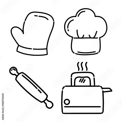 Hand drawn kitchen utensil doodles including oven glove, chef hat, rolling pin and toaster. Black and white outline food and cooking vector icons. Minimalist kitchen utensil icon set collection.