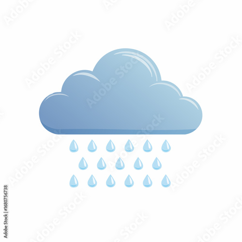 Vector weather symbol of rain cloud, flat design with rounded shapes, small raindrop details falling down