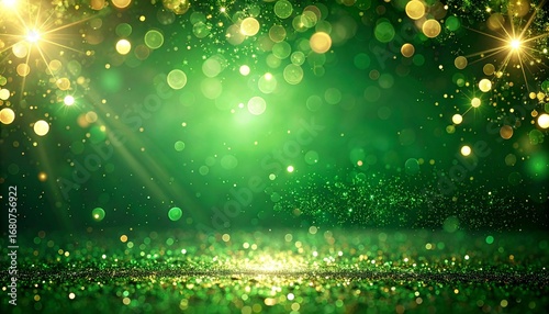 クリスマスイメージのグリーンの玉ボケ背景　緑と金色の輝きが広がる幻想的なボケの背景素材