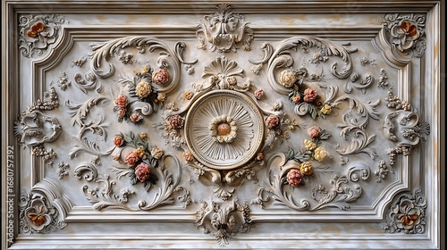 Intricate rococo style plaster ceiling panel with floral motifs and ornate centerpiece