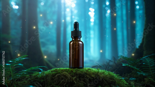 Amber Glass Bottle with Natural Forest Background, Elegant Design, Organic, Minimalist, Herbal, Skincare, Pure, Clean, Botanical, Sophisticated, Natural Light, Serene, Tranquil, Inviting, Quality, Fre