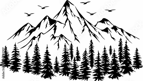 Majestic mountain landscape with pine trees and soaring birds, evoking adventure and natural beauty.