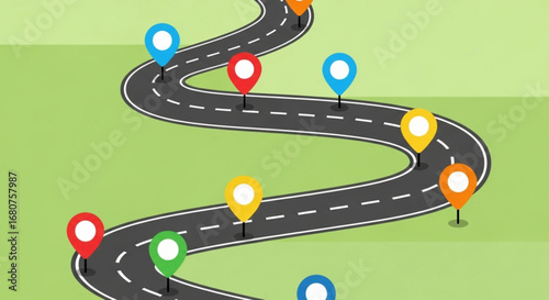Road map with location pins for navigation and travel
