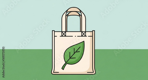Illustration of an ecofriendly tote bag with a leaf design, promoting sustainable shopping and reducing plastic waste