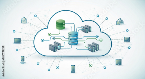 Cloud computing network with data center, server, and devices for online storage and internet connection