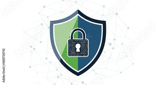 Shield with padlock representing cybersecurity for digital protection and data privacy