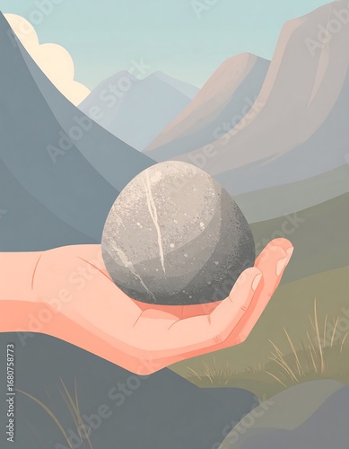 A serene hand holds a smooth stone amidst a tranquil mountain vista.