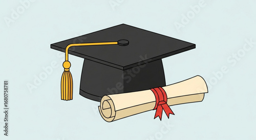 Graduation cap and diploma for education achievement, symbolizing academic success and knowledge