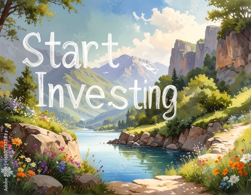 Serene mountain lake landscape painting with text overlay, featuring a tranquil scene of a lake, mountains, and wildflowers, evoking a sense of peace and natural beauty.