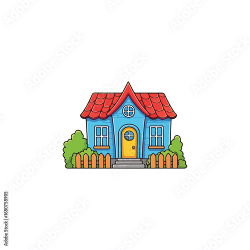 Cartoon illustration of a blue house with a red roof, yellow door, and a picket fence.