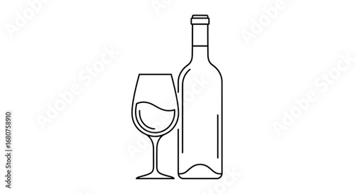 Outline drawing of a wine bottle and glass, perfect for minimalist designs and illustrations