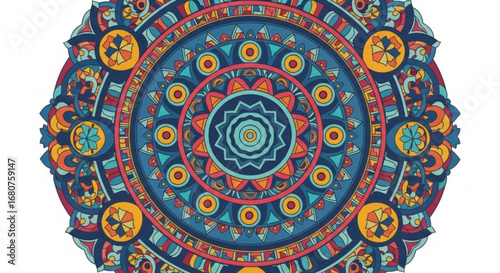 Colorful mandala pattern design with intricate details, perfect for decoration, textile, or spiritual themed projects