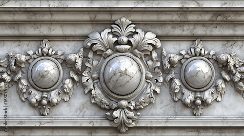 Ornate silver decorative garland with oval medallions on marble background