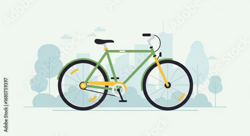 Illustration of a green bicycle in an urban setting with trees and buildings