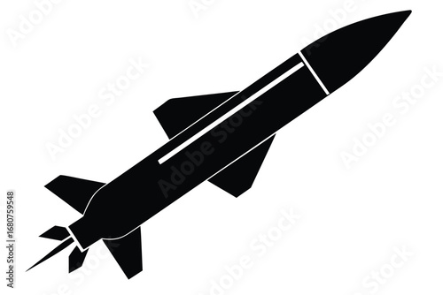 Missile Silhouette Flying Upward, Wings and Fins, Streamlined Design on White Background