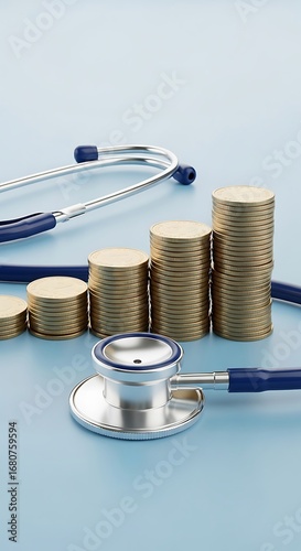 Vertical view of coins and stethoscope on blue background