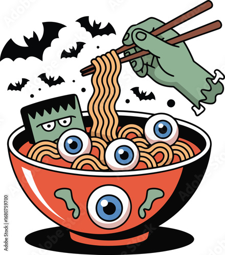 Zombie hand eating ramen with eyeballs and Frankenstein monster