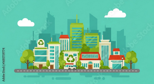 Eco friendly city with green building and renewable energy sources, sustainable urban landscape design