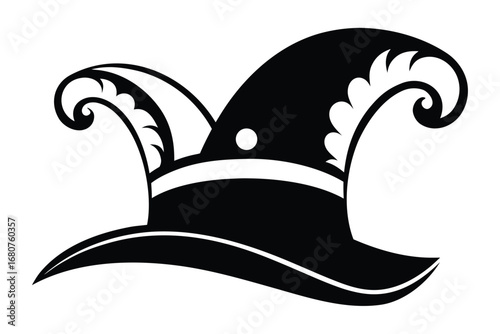 Fool Hat Silhouette Design, Black Jester Cap with White Accent on White Background