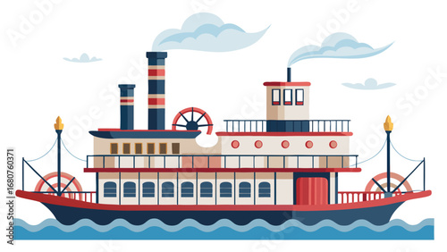 Charming vector illustration of a vintage paddle steamer boat sailing on water under cloudy sky depicting classic transportation and nostalgia