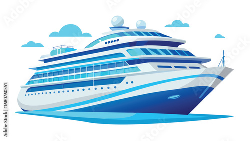 Illustrated cruise ship vector featuring blue and white color scheme with cloud accents creating relaxing vacation vibes
