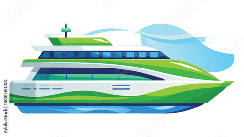 Modern green and white yacht boat floating on water detailed vector illustration isolated on white background represents luxury leisure and travel