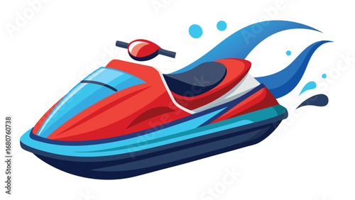 Red and blue jet ski speeding with water splashes illustration for summer adventures and aquatic activities depicting a watercraft