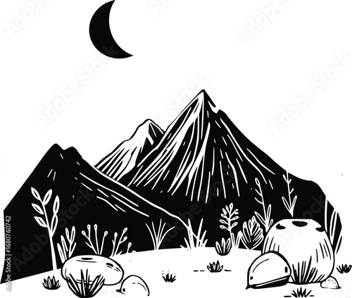 Black and white illustration of mountains and crescent moon
 