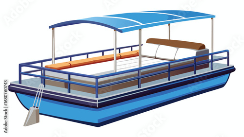 Modern pontoon boat illustration with blue canopy and comfortable seating for water recreation and leisure activities