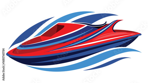 Stylish jet ski vector illustration with dynamic wave design in red blue and white color scheme for watersport enthusiasts