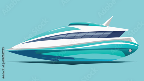 Sleek modern luxury yacht isolated on blue background illustrating maritime travel and nautical lifestyle with minimalist design and teal accents