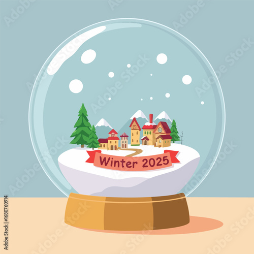In a minimalist snow globe  a tiny village scene is shown with a banner that reads 