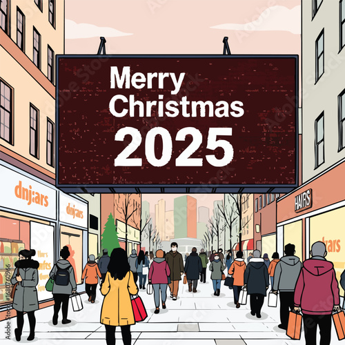 In a busy town square  a large digital screen flashes 