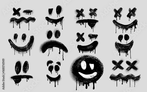 Set of grunge graffiti faces with spray effect, expressive smile icons, street art style. Vector grunge graffiti. Funky urban emotion symbols, backdrop, bold vector design with raw paint texture.