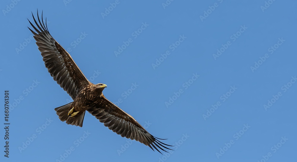 Obraz premium A majestic eagle soars in a clear blue sky, representing freedom, power, vision, and high aspirations.