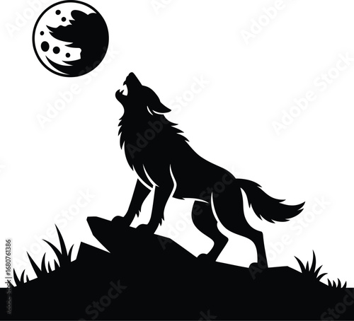 Black wolf howling at moon on rocky terrain night silhouette