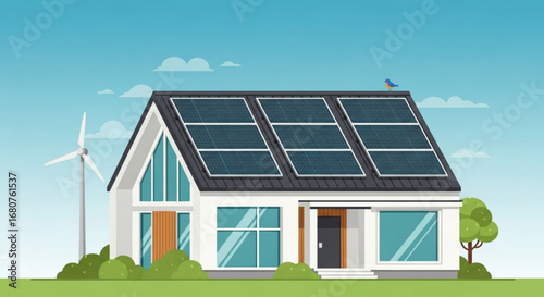 Modern house with solar panels on the roof and a wind turbine in the garden to generate renewable energy