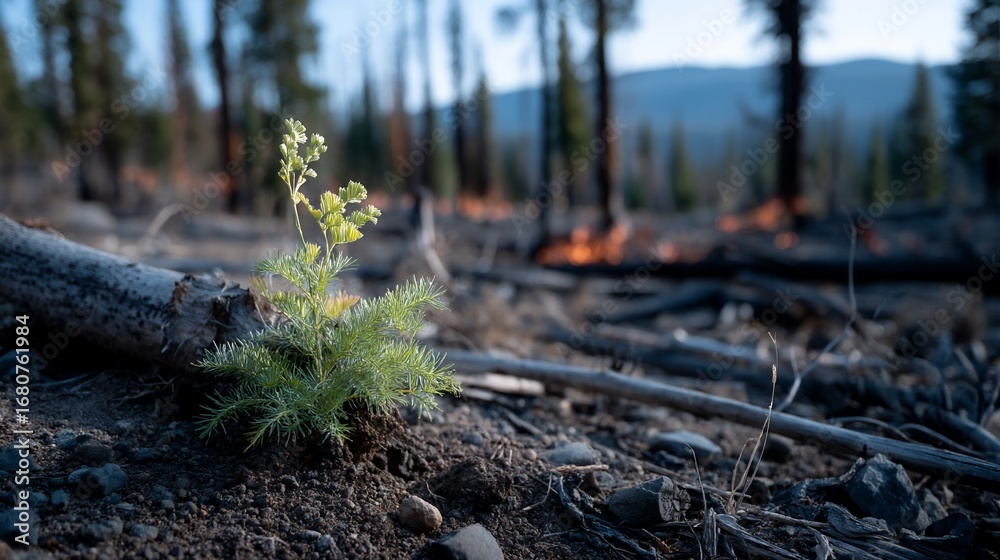 Fototapeta premium Delicate plant thrives amidst forest fire aftermath, charred trees in background
