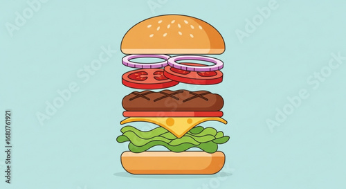 Exploded view of a delicious hamburger with fresh ingredients on a light blue background
