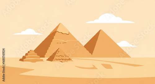 Illustration of the great pyramids of giza in egypt with a desert landscape and a clear sky in the background