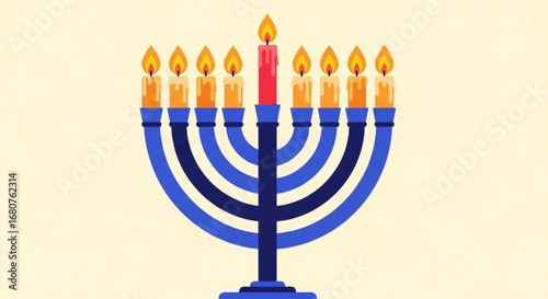 Illustration of a menorah with burning candles for hanukkah celebration