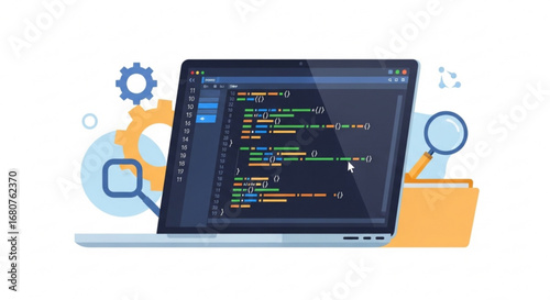 Laptop with coding interface, gears, magnifier, and folder, representing software development and technology