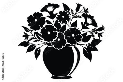 Floral Arrangement in Vase Silhouette, Monochrome Flower Bouquet, white background