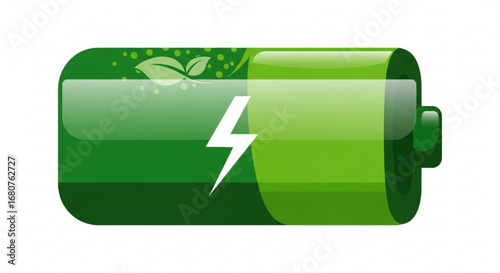 Green battery with leaves and lightning bolt, symbolizing renewable energy and ecofriendly power source