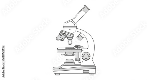Detailed line drawing of a microscope, representing scientific research and laboratory equipment