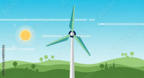 Illustration of a wind turbine in a green field with blue sky, representing renewable energy and sustainability