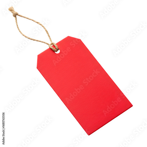 A classic red rectangular tag with a string. Ideal for showcasing sale prices, labels Isolated on white or transparent background. PNG format.