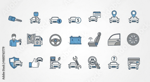 Set of car service icons, representing various aspects of vehicle maintenance and repair