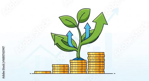 Illustration of a plant growing from a stack of coins with upward arrows, symbolizing financial growth and investment