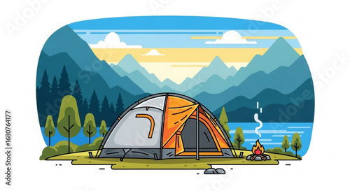 Camping tent in nature with mountains, lake, and bonfire, representing outdoor adventure and recreation